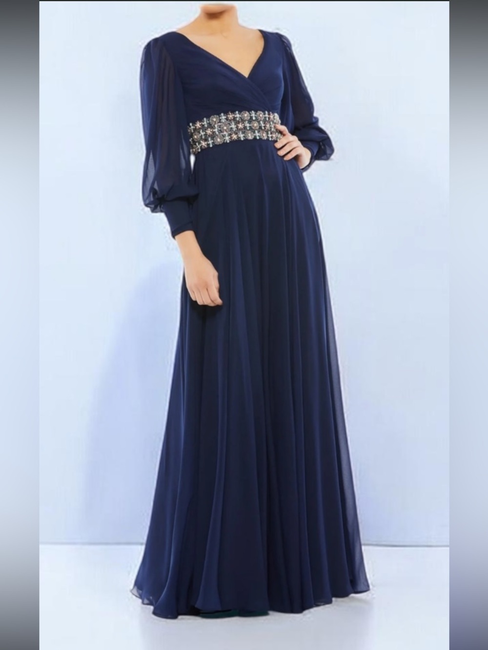 Mac Duggal Midnight Blue Beaded Waist Gown NWT Chiffon Bishop Sleeve 18